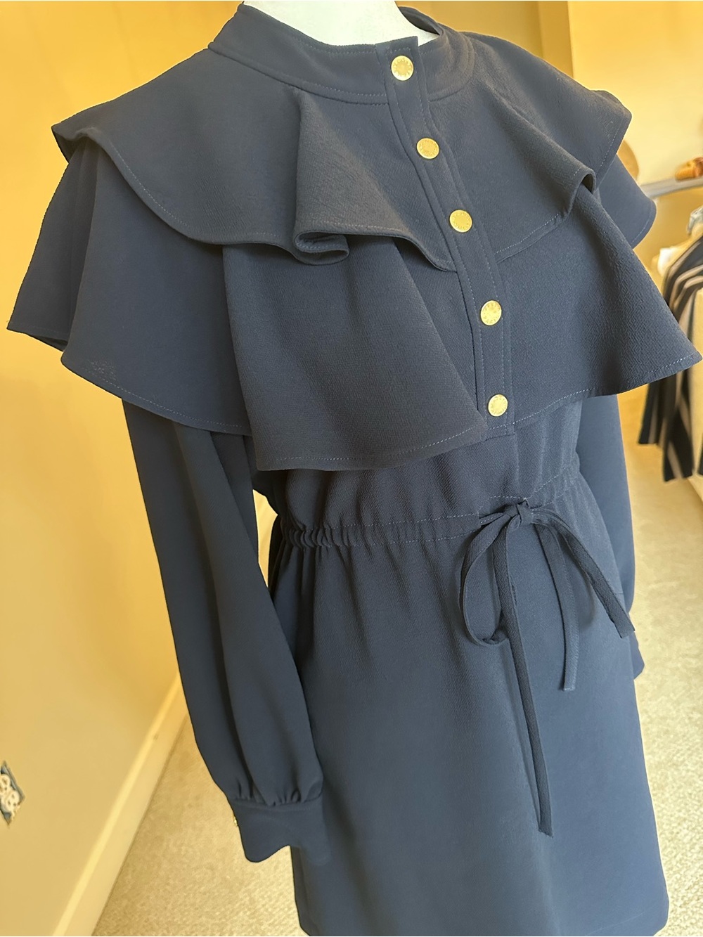 Sandro Wendy Navy Ruffle Gold Button Mini Dress FR 36 US 4